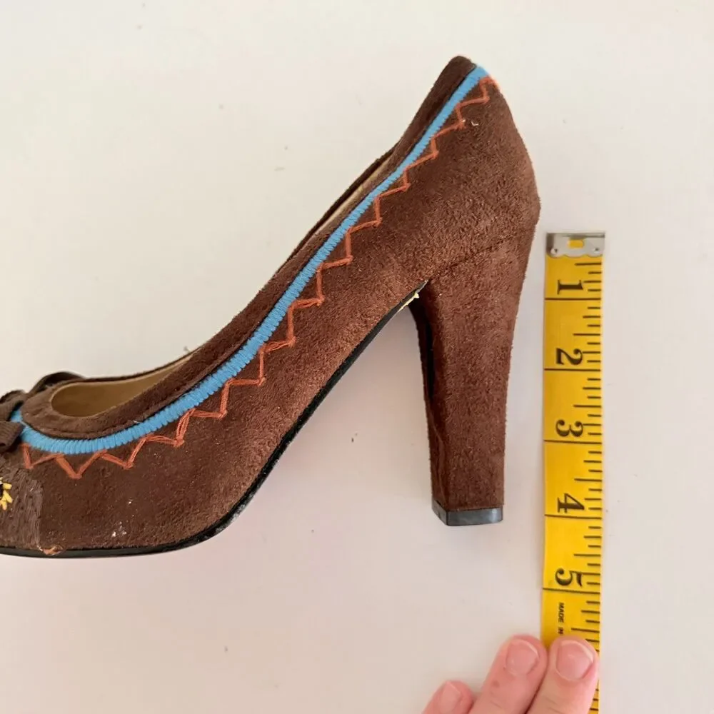 Two Lips, VTG Y2K Brown Round Toe Beaded Bow Pumps, 8 Boho Twee